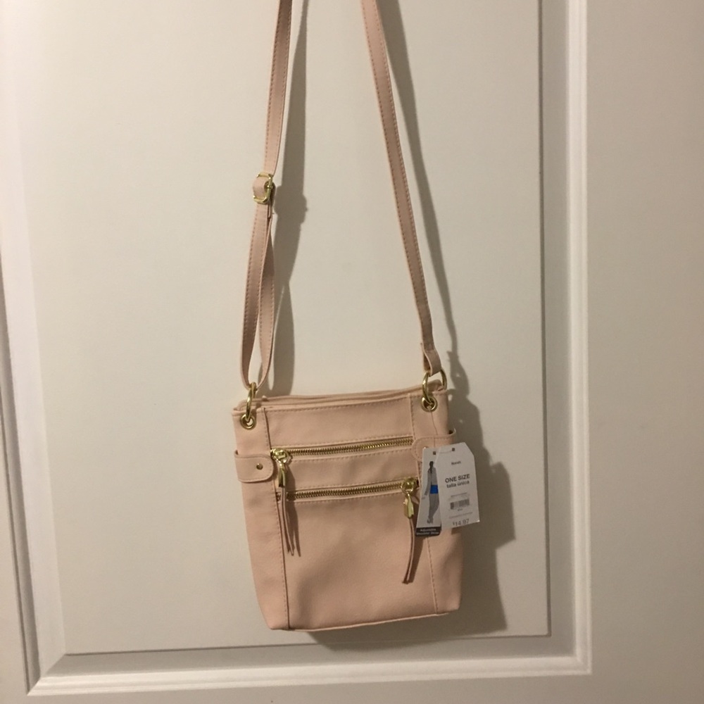 Baby pink cross body bag with gold embellishments!